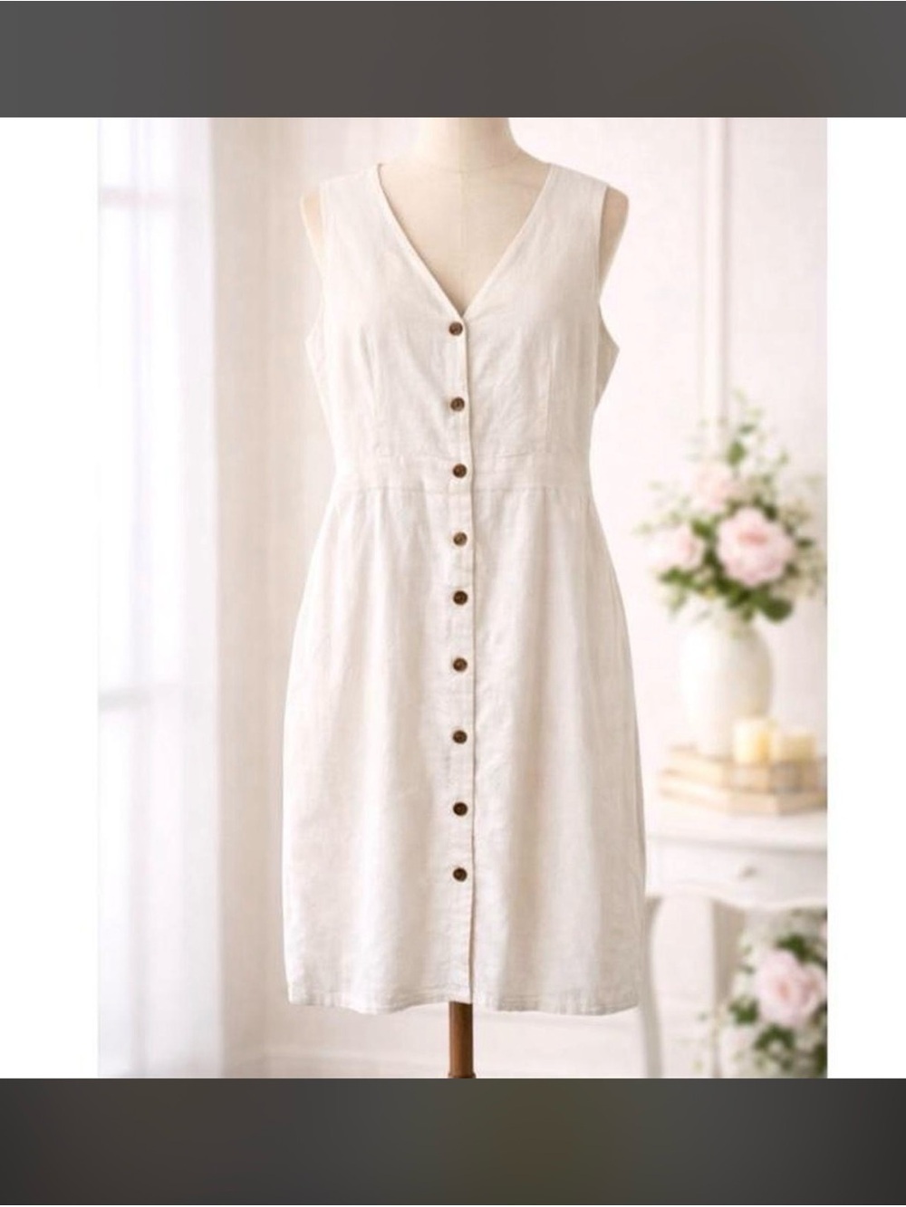 J Crew Sleeveless V-Neck Linen/Cotton Button-Front Cream Dress 8